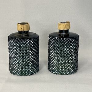 2 VTG Faroy Green Votive Candle Holder Pegged Glass Diamond Point